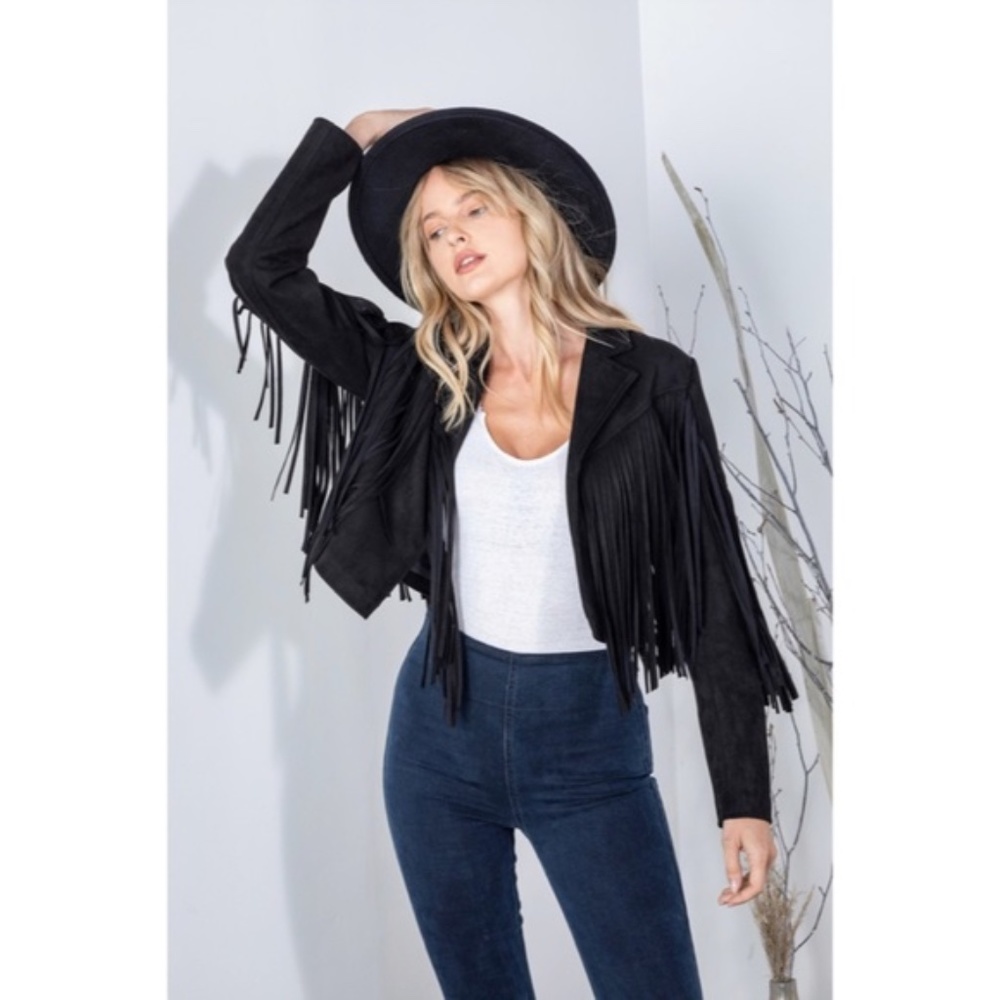 SOLD OUT Black Faux Leather Suede Fringe Cropped Western Boho Moto Jacket - Picture 8 of 8